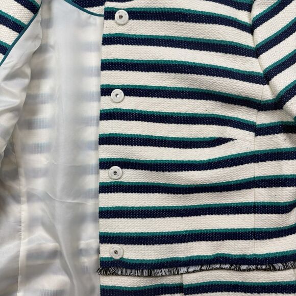 Talbots Striped Fringe Jacket Women’s 14 White Teal Blue Cotton Office Chic - Picture 12 of 14